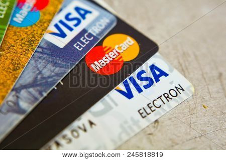 Closeup Of Visa And Mastercard Credit Cards. Major Credit Card Debts Among Americans In Economic Dow