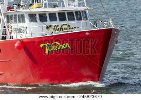 New Bedford, Massachusetts, Usa - June 18, 2018: Bow Of Commercial Fishing Vessel Fisherman On Acush