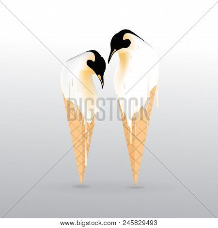 Pinguin Melting Ice-cream Illustration, With Sweet Waffle Conus .realationships , Friendship , Globa