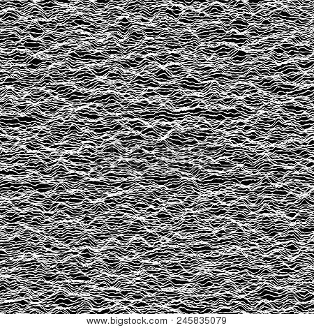 Texture Made Of Wavy White Line With Variable Width On Black Background. Vector Line Noise.