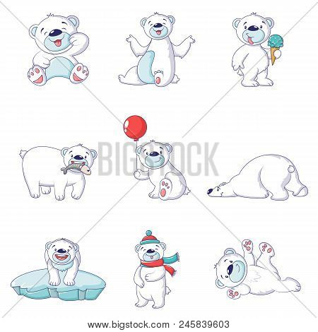 Polar Bear Baby White Icons Set. Cartoon Illustration Of 9 Polar Bear Baby White Vector Icons For We