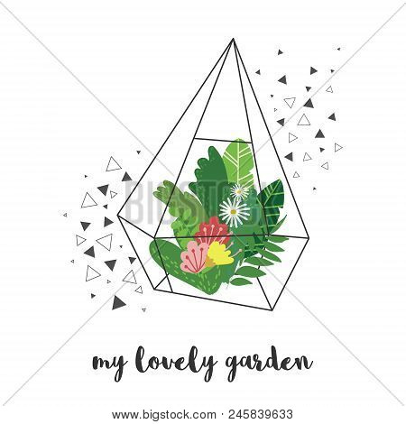 Vector Black Geometric Florarium Vase With Different Plants And Flowers Surrounded By Black Triangle