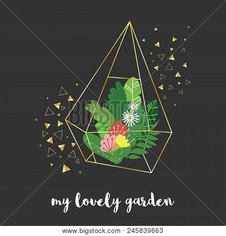 Vector Golden Geometric Florarium Vase With Different Plants And Flowers Surrounded By Golden Shiny 