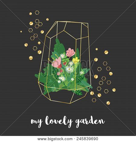 Vector Golden Geometric Florarium Vase With Different Plants And Flowers Surrounded By Golden Shiny 