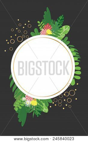 Geometric Botanical Vector Design Frame. Various Plants, Leaves And Flowers In A Cricle Golden Wire 