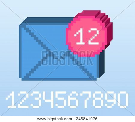 Vector Pixel 8 Bit Blue E-mail Notification With Pink Circle And Digits. 0-9 Digits Set. 3d Shape. S