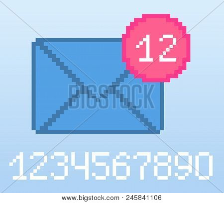 Vector Pixel 8 Bit Blue E-mail Notification With Pink Circle And Digits. 0-9 Digits Set. Social Netw