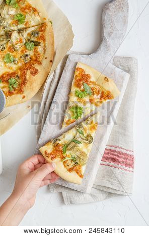 Child Had Take Piece Of Pizza With Articholke, Top View, White Background