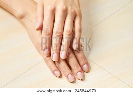 Beautiful Gentle Woman Hands. Young Woman Clean And Delicate Hands. Spa And Manicure Concept.