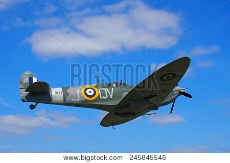 Blackpool, Lancashire, England - June 10 2018: Vintage World War 2 Mark Vb Spitfire In Flight Againt