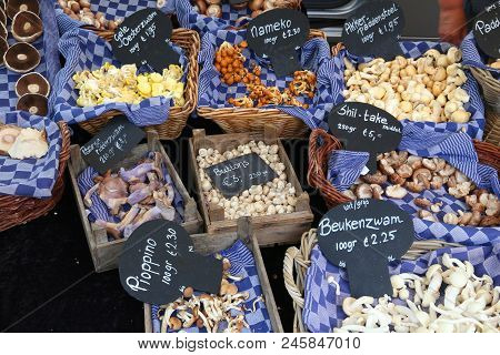 Mushroom Choice At A Local Market In Amsterdam, Netherlands.