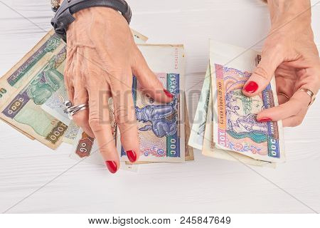 Woman Hands Counting Kyat Money. Close Up Caucasian Woman Well-groomed Hands Holding Money Of Myanma