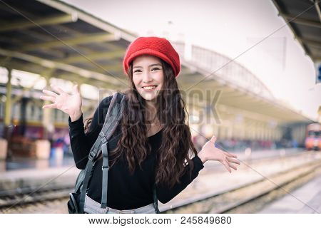 Asian Woman Traveler Has Waiting And Exciting With Traveling By Train At Hua Lamphong Station At Ban