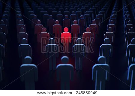 Big Brother Is Watching. A Person Marked Red As A Potential Threat For The Rest Of Society Concept. 