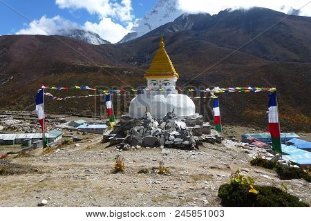 Ancient Stupa In Dingboche, With Prayer Flags, Everest Base Camp Trek, Nepal