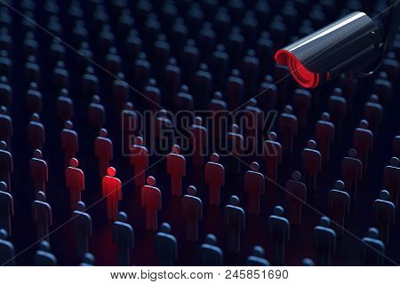 Camera Is Watching A Citizen. Copy Space Included. Acta And End Of Privacy Concept. 3d Rendering.