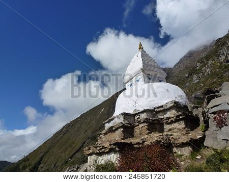 Stupa (shrine) Over A Blue Sky With Clouds, Pangboche, Everest Base Camp Trek, Nepal