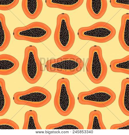 Seamless Pattern With Tropical Fruits. Healthy Dessert. Fruity Background. Carica Papaya. Exotic Foo