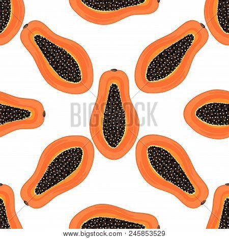 Seamless Pattern With Tropical Fruits. Healthy Dessert. Fruity Background. Carica Papaya. Exotic Foo