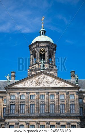 The facade and dome of the 17th century Royal Palace of Amsterdam, otherwise known as the Dam Palace, in Amsterdam, Netherlands.