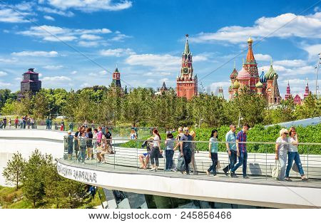 Moscow - June 17, 2018: People Visit The Zaryadye Park Near Moscow Kremlin, Russia. Zaryadye Is One 
