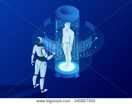 Industry 4.0 Cyber-physical Systems Concept. Isometric Robot Cyborg With Artificial Intelligence Wor