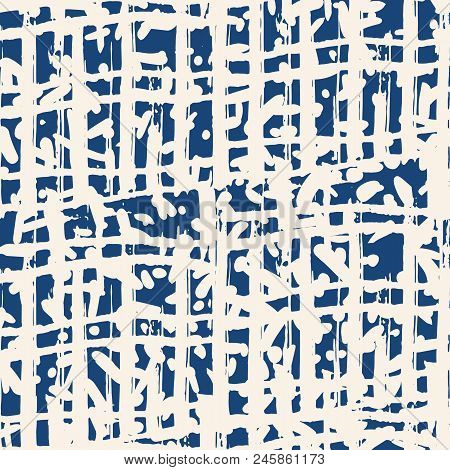 Black White Grid Pattern. Vector Shibori Seamless Print. Organic Net Watercolor Background. Tie Dye 