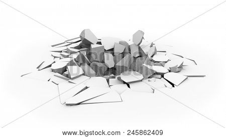 Concrete slab floor shell hole isolated on white background. Fallen ponderous object ground dint. Crashed floor surface. 3D rendering.