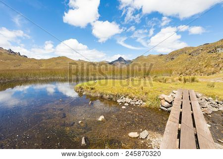 Wooden Bridge Over The River In The Cajas Park Cuenca Ecuadpr