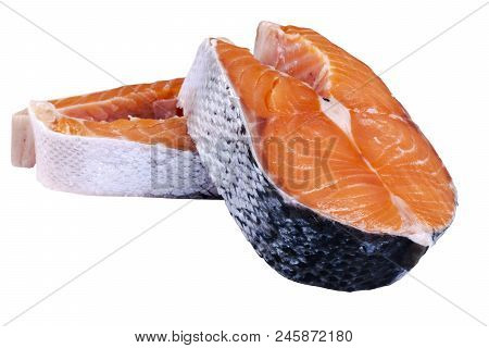Fresh Salmon Steak Isolated On The White Background. Salmon Red Fish Steak. Large Pile Of Trout Stea