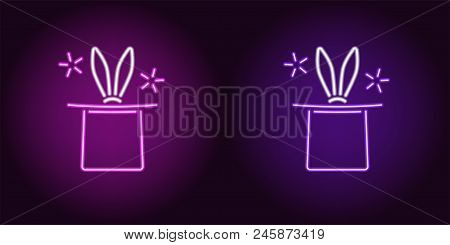 Neon Icon Of Purple And Violet Magic Hat. Vector Illustration Of Neon Magic Hat With Rabbit Consisti