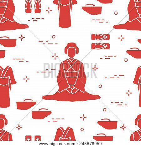 Seamless Pattern With Asian Woman, Traditional Japanese Clothing, Shoes. Travel And Leisure.