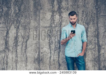 Portrait With Copy Space Of Busy Cool Macho Holding Hand In Pocket Of Jeans Chatting With Friends Ch