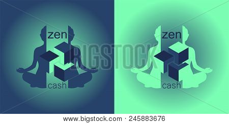 The Silhouette Of A Meditating Person Divided Into Two Parts With The Sign Zencash On His Chest