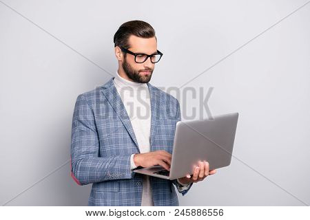 Portrait Of Half Turned, Virile, Harsh, Attractive, Intelligent, Stunning Man In Glasses Having Lapt