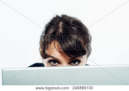 Young Caucasian Brunette Suit Dressed Business Woman Getting Surprised Working With Her Laptop Compu