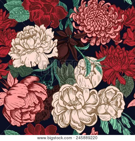 Vector Illustration Sketch - Card With Flowers Chrysanthemum, Peony. Pattern With Flowers. Dahlias, 