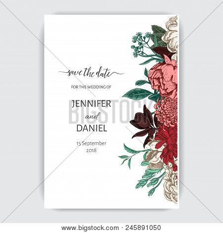 Vector Illustration Sketch - Card With Flowers Chrysanthemum, Peony. Wedding Invitation With Flower.