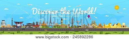 Discover The World Poster With Famous Attractions Illustration. Taj Mahal, Todaydzi, Sagrada Familia