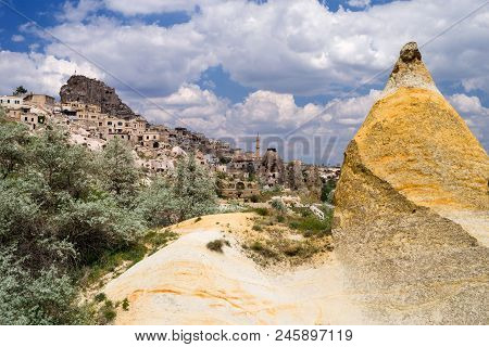 View Of Uchisar And Uchisar Fortress From Pigeon Valley. Cappadocia,  Turkey.