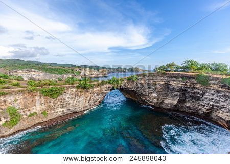 Panoramic View Of Broken Beach In Nusa Penida, Bali, Indonesia. Blue Sky, Turquoise Water.