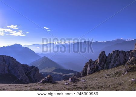 Wonderful Sunrise Lights In The Mountains. Russia, North Ossetia