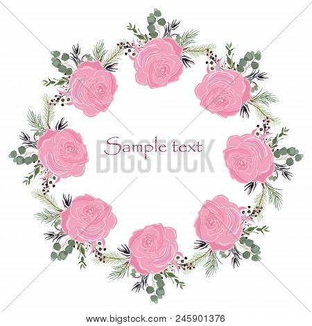 Wedding Or Holiday Wreath . Delicate Flowers On Light . Watercolor Vector Illustration. Summer Green
