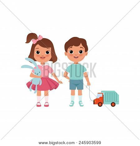 Cute Litlle Boy And Girl Characters With Toys, Stage Of Growing Up Concept Vector Illustration Isola