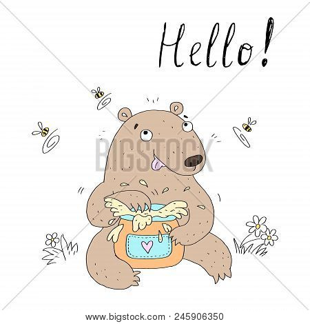 Vector Card With Cute Hand Drawn Bear. Vector Print.