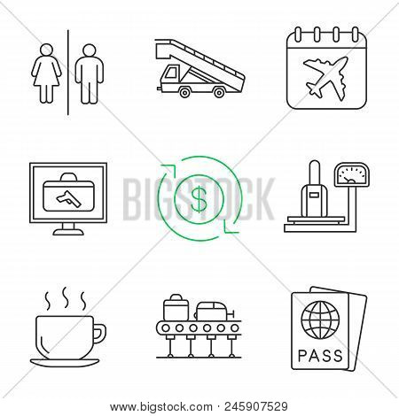 Airport Service Linear Icons Set. Wc, Stair Truck, Flight Date, Baggage Scanner And Scales, Refund, 