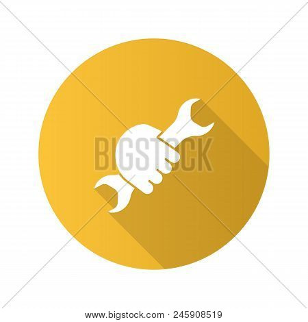 Hand Holding Wrench Flat Linear Long Shadow Icon. Double Open Ended Spanner. Vector Outline Symbol