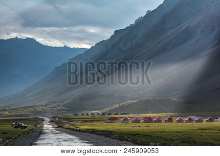 Beautiful landscape of the mountain valley in Sarchu camp stay in Ladakh, Northern India