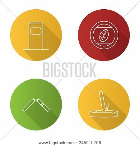 Smoking Flat Linear Long Shadow Icons Set. Garbage Bin, Tobacco Leaf, Stubbed Out Cigarette In Ashtr