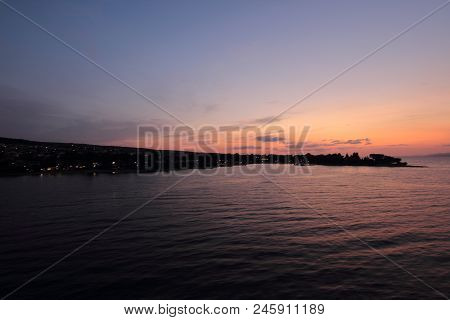 Sunset At Coastline Village Of Dalmacia, Croatia